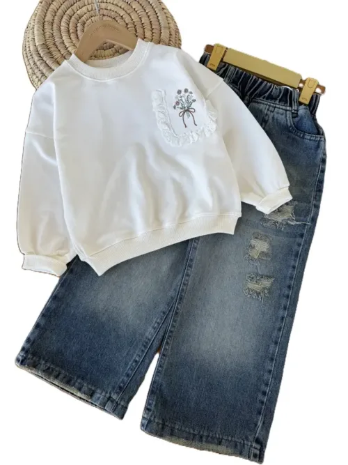 کراپ آستین بلند دورس دخترانه طرح جیب خامه دوزی