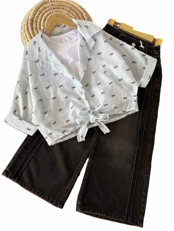 دو تیکه دخترانه شومیز و تاپ نگین دار گره ای