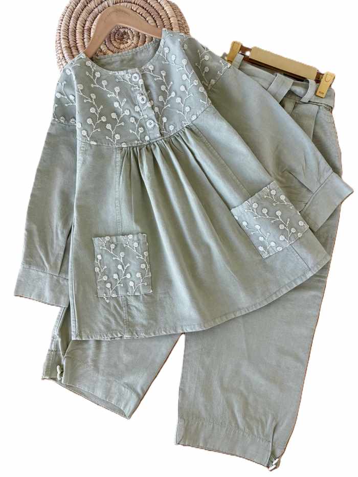 شومیز شلوار بیرونی کتان دخترانه رز - تصویر 2