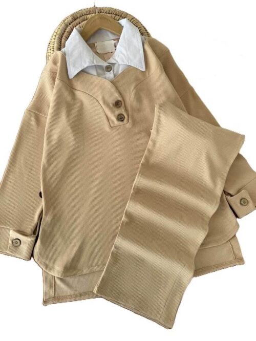 بلوز شلوار یقه پیراهنی بیسکوییتی