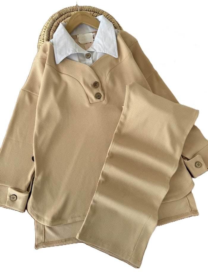 بلوز شلوار یقه پیراهنی بیسکوییتی