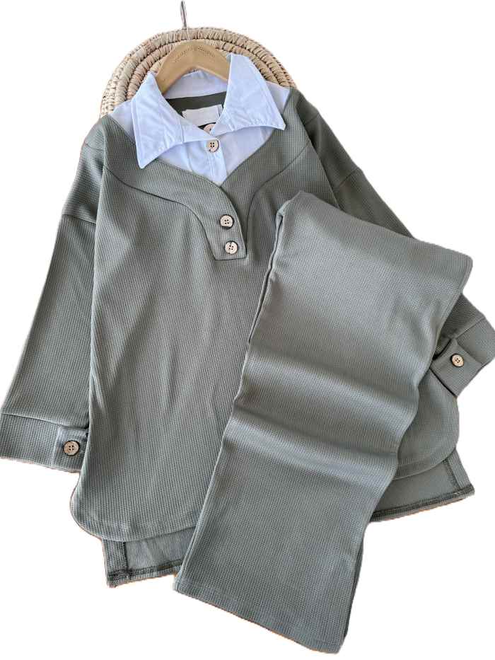 بلوز شلوار یقه پیراهنی بیسکوییتی - تصویر 2