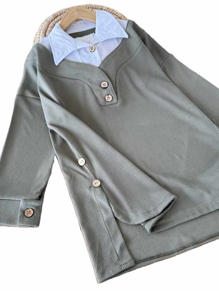 بلوز شلوار یقه پیراهنی بیسکوییتی - تصویر 7