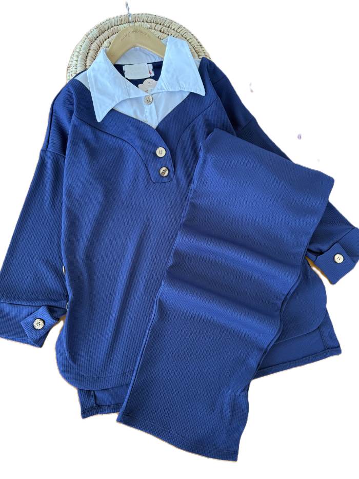 بلوز شلوار یقه پیراهنی بیسکوییتی - تصویر 3