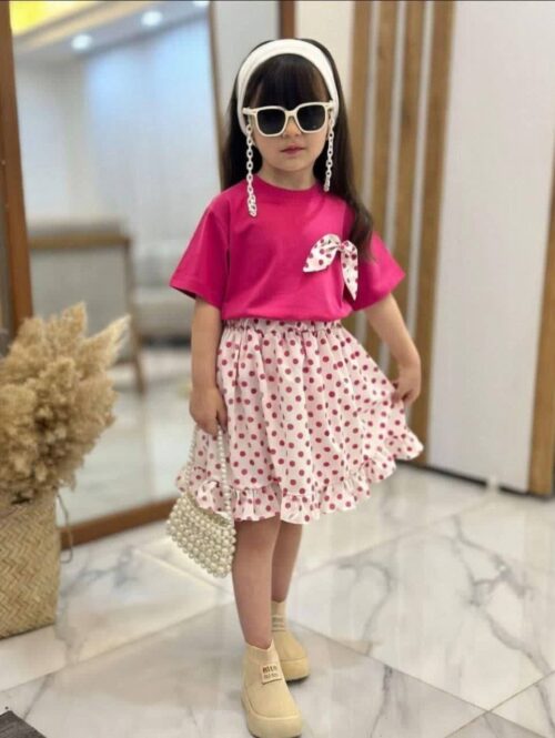 تیشرت و دامن دخترانه پاپیون خال خالی