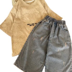 تیشرت و شلوار واید بیرونی دخترانه قلب گلدوزی