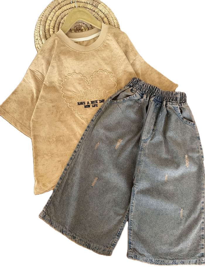 تیشرت و شلوار واید بیرونی دخترانه قلب گلدوزی