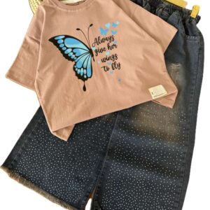 کراپ و شلوار واید جین دخترانه پروانه آبی