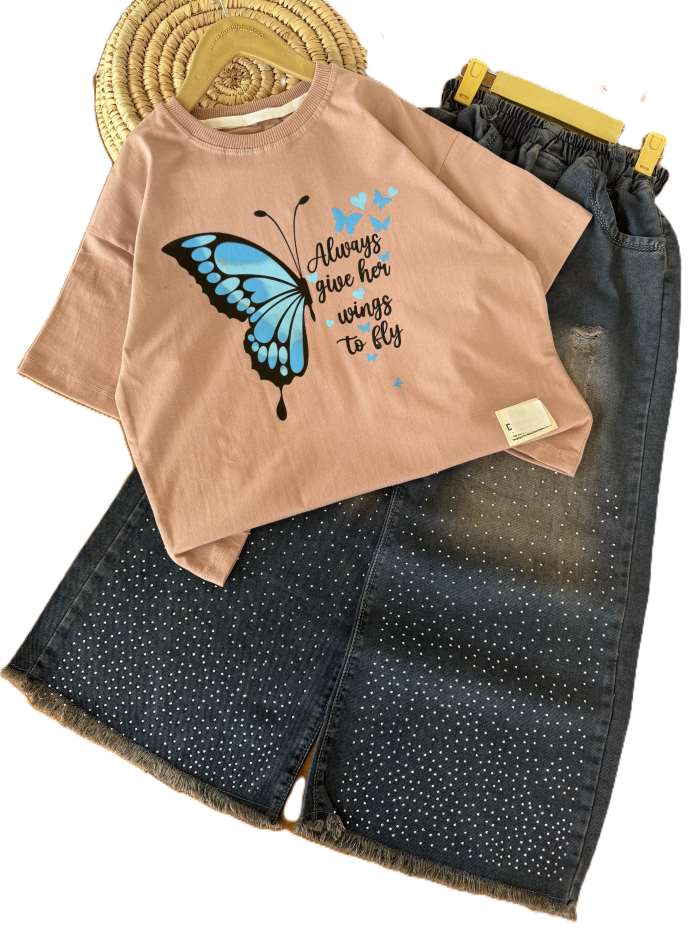 کراپ و شلوار واید جین دخترانه پروانه آبی