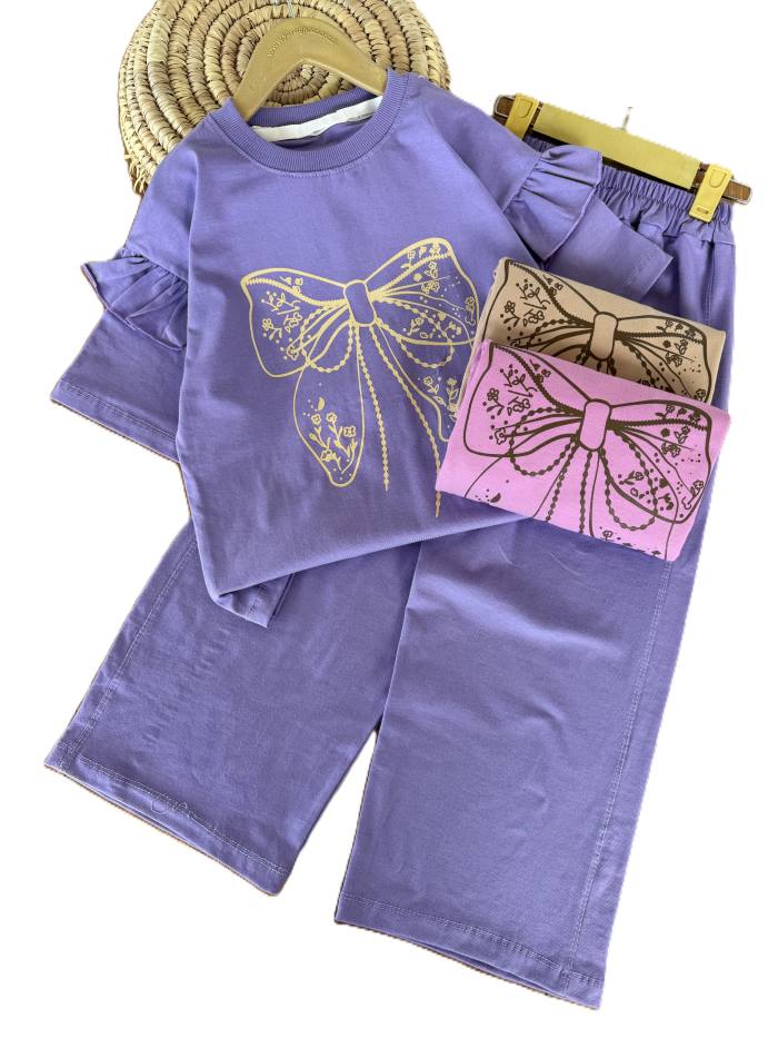 کراپ و شلوار راحتی دخترانه پاپیون گلی