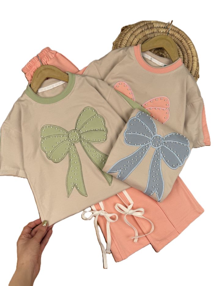 تیشرت و شلوار دخترانه راحتی پاپیون مرواریدی