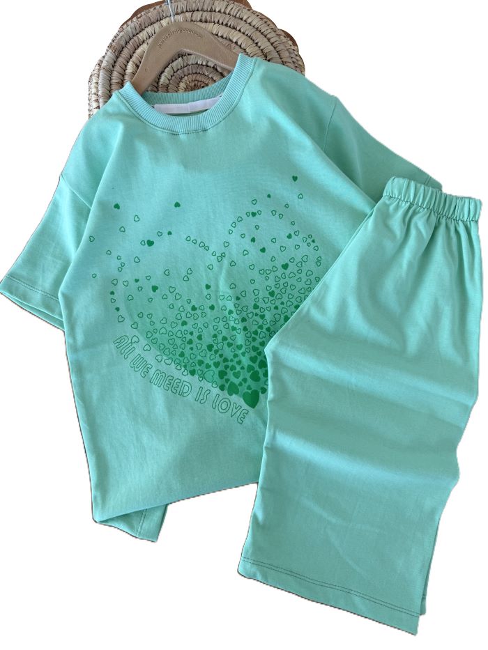 IMG_4899 (1) تیشرت و شلوارک راحتی دخترانه چاپ قلبی - Image 1